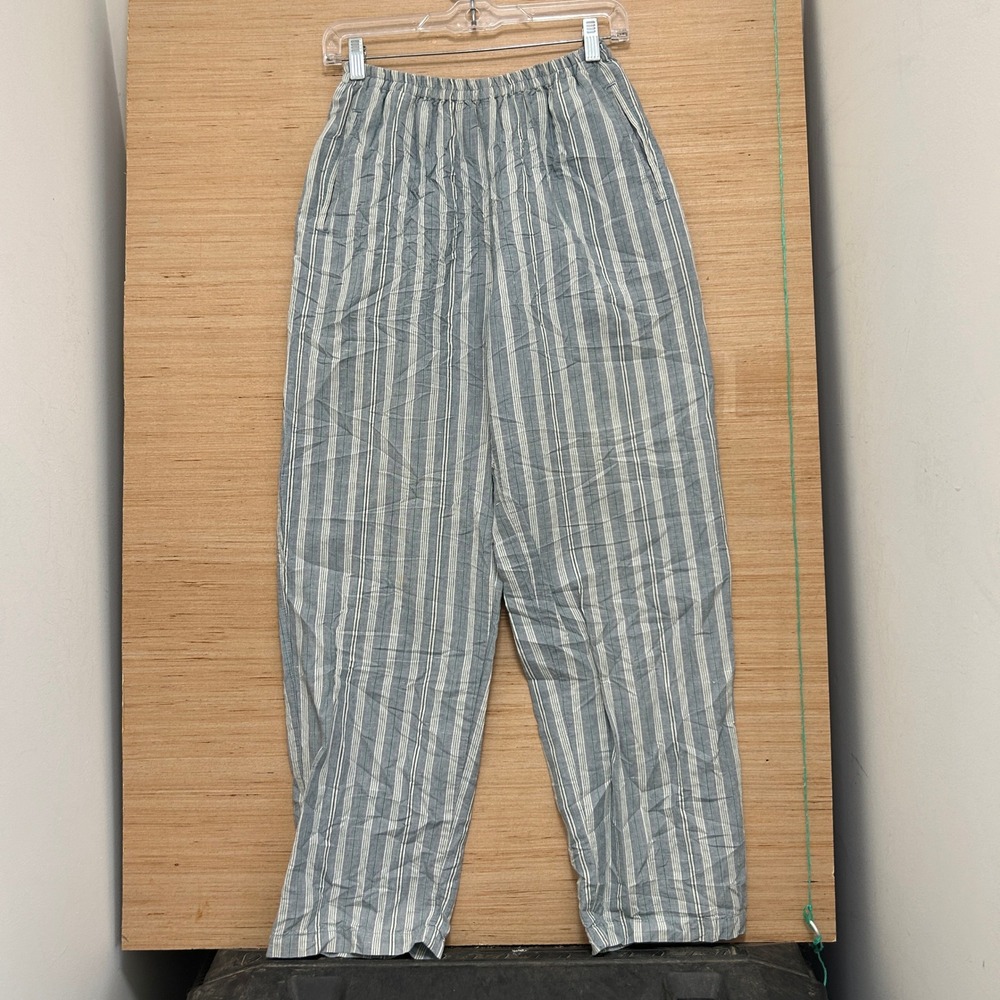Eddie Bauer Vintage Linen Cotton Striped Pants Blue White Elastic Waist Womens S